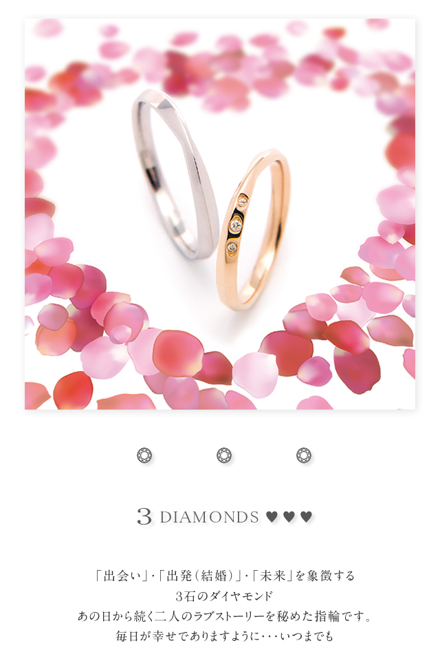 3DIAMONDS]「出会い」・「出発（結婚）」・「未来」を象徴する３石のダイヤモンドあの日から続く二人のラブストーリーを秘めた指輪です。毎日が幸せでありますように・・・いつまでも